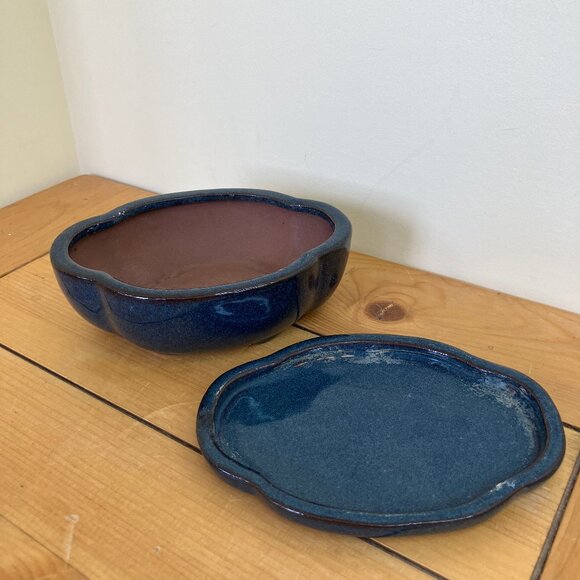 Bonsai Planter Lotus Shape Pot with Tray Blue Glaze Terracotta 6 1/2" Long - Picture 1 of 5